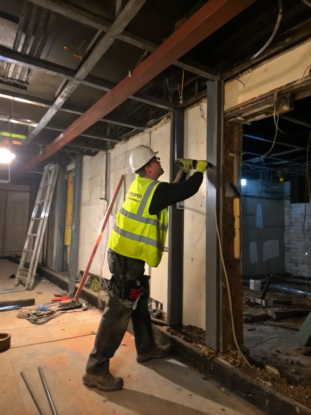 A close-up shot of a construction worker repairing a cracked concrete wall, showcasing Imperium Build's expertise in concrete cancer remediation.