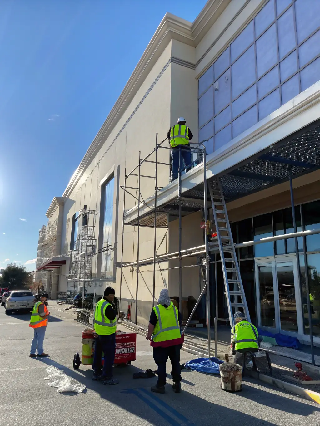 An image of a building facade undergoing repairs, with workers using specialized equipment to restore the exterior.