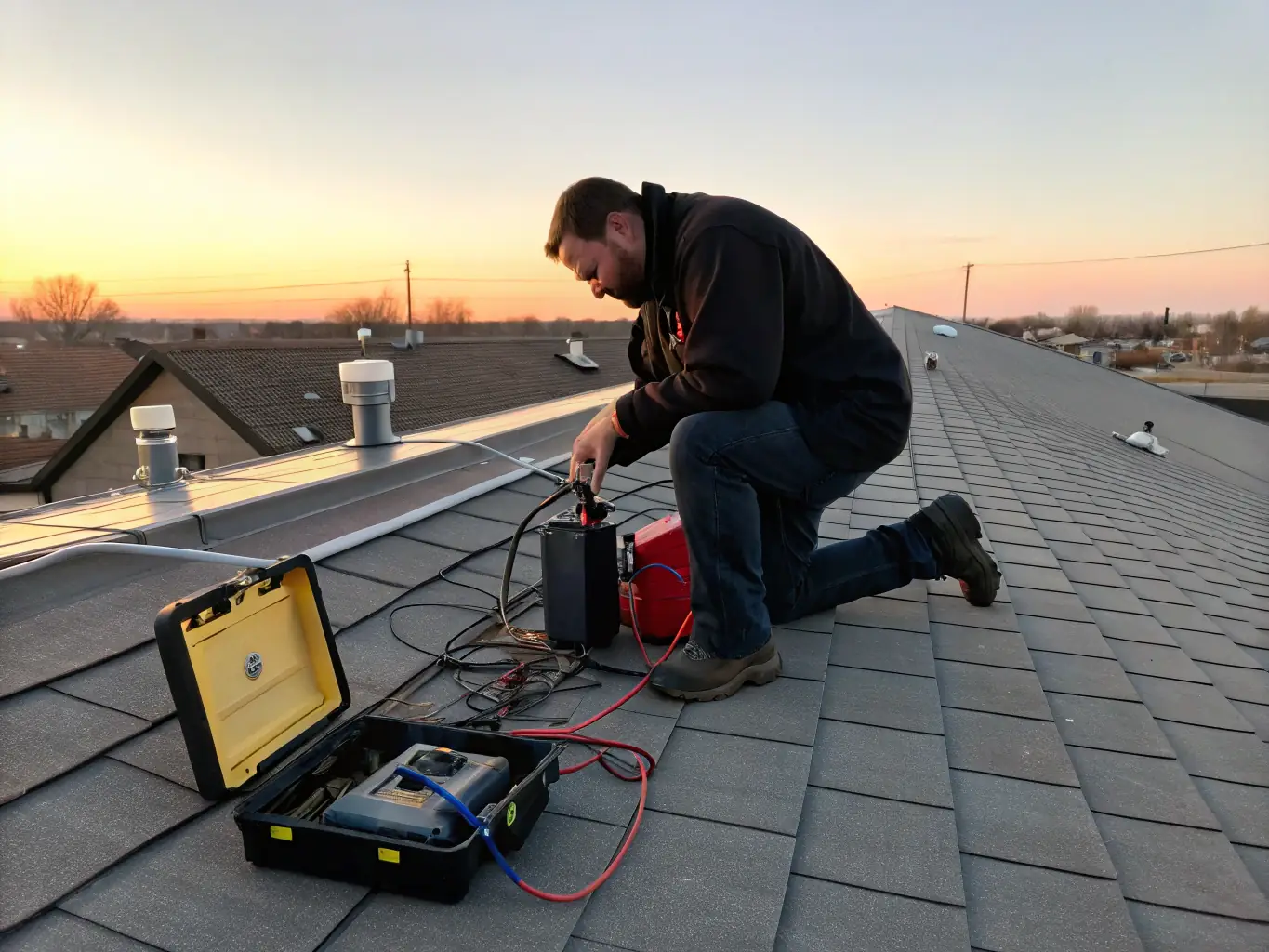An Imperium Build technician is conducting a leak assessment on a building's roofing, using specialized equipment to detect water entry points.