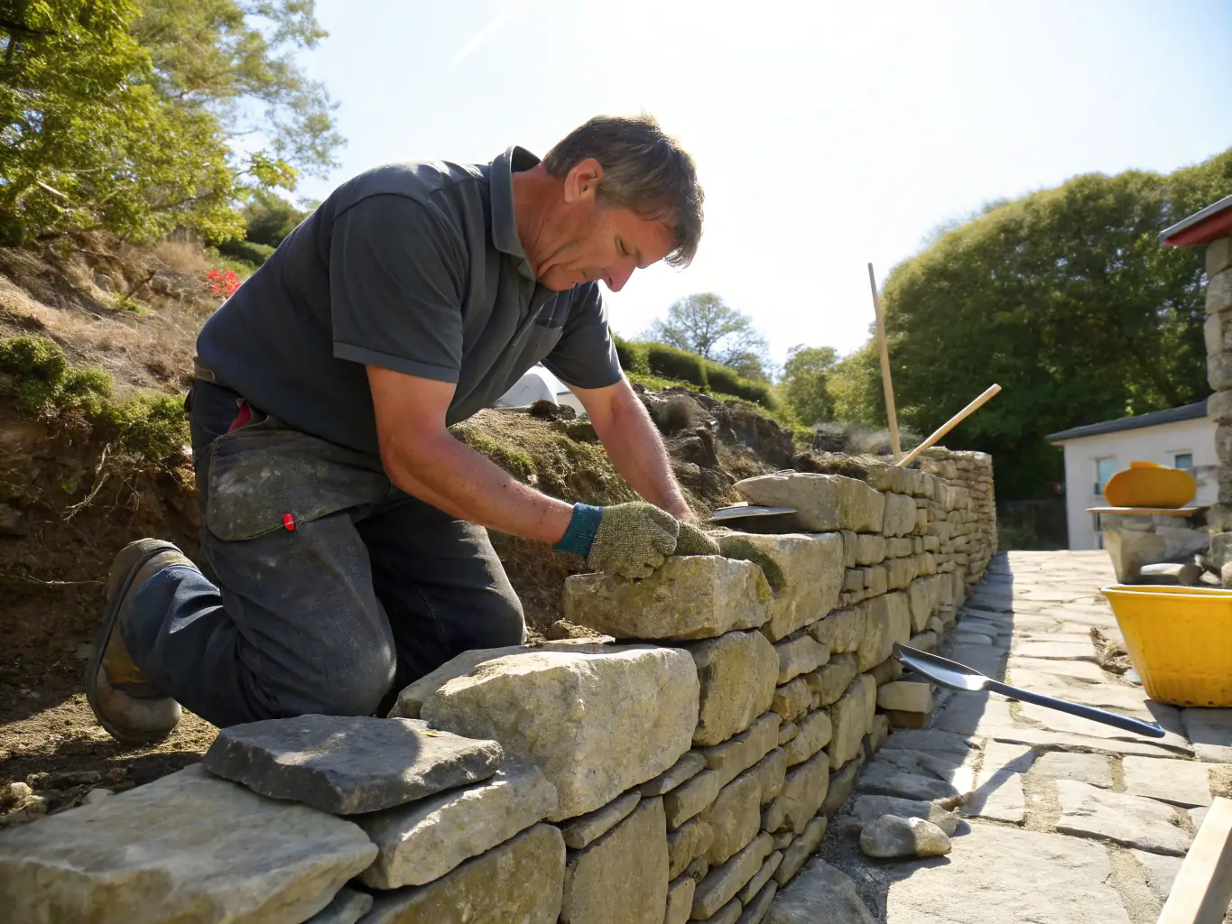 An Imperium Build worker is repairing a retaining wall, ensuring its stability and preventing soil erosion.